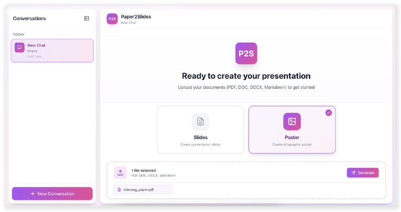 科研人员和学生做报告还在手动做PPT？Paper2Slides帮你一键生成专业幻灯片和海报，支持PDF、Word等多种文档格式，精准提取关键内容，自动排版成高质量演示稿